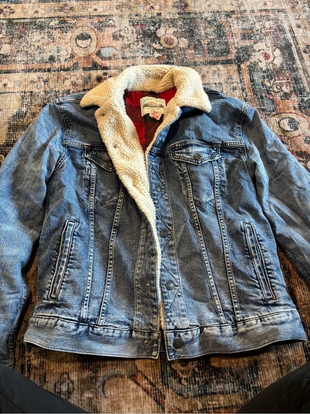 American Eagle Outfitters Blue Denim Jacket with Cream Sherpa Lining